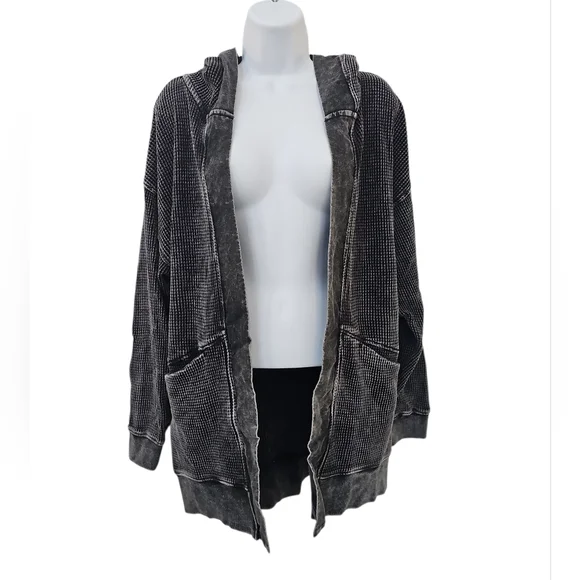 Mono B Acid Wash Black Hoodie Waffle Knit Size M Open Front Bohemian - Picture 3 of 3